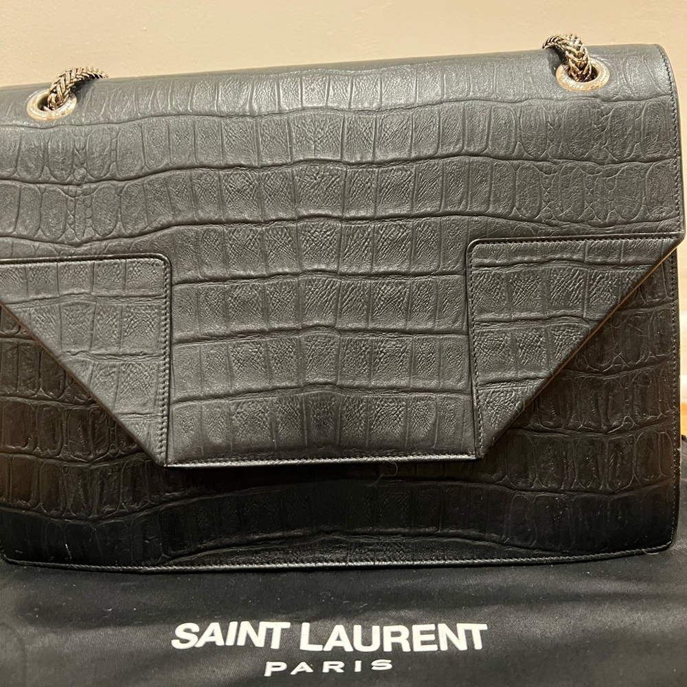 Saint Laurent Black Croc-Embossed Shoulder Bag